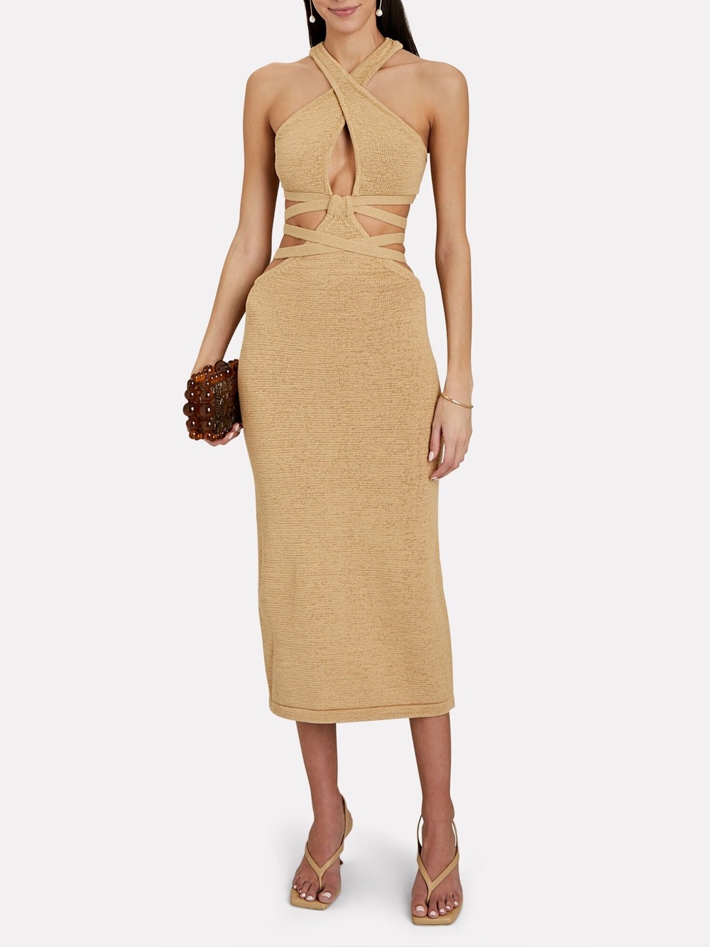 cult gaia Tan Crisscross Cutout Midi Dress
